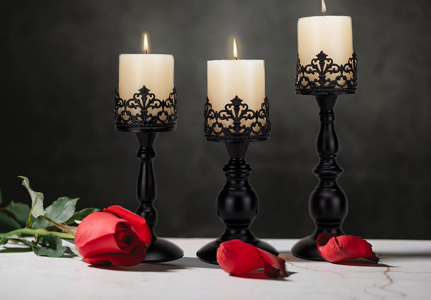BANOMII Vintage Pillar Candle Holders for Table Centerpiece Set of 3-11'' 9'' 8'' - Matte Black Metal Candle Stands