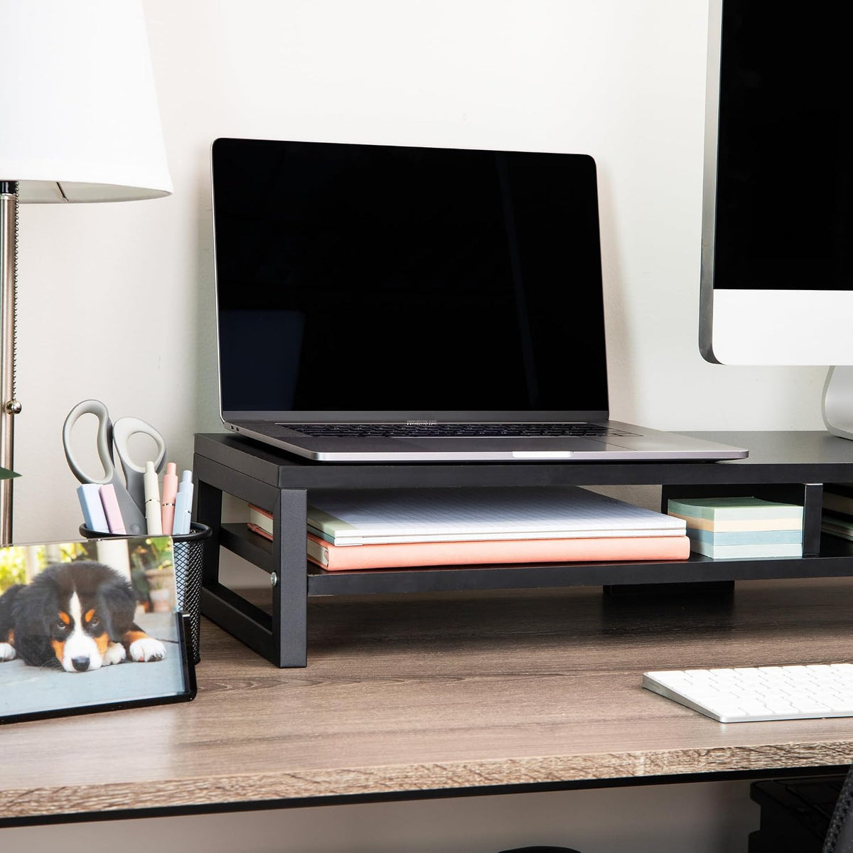 Mind Reader 2-Tier MDF Double Monitor Stand, Dual Screen Riser with Storage Shelf, 33.75 Inch Wide, 88 lb Capacity