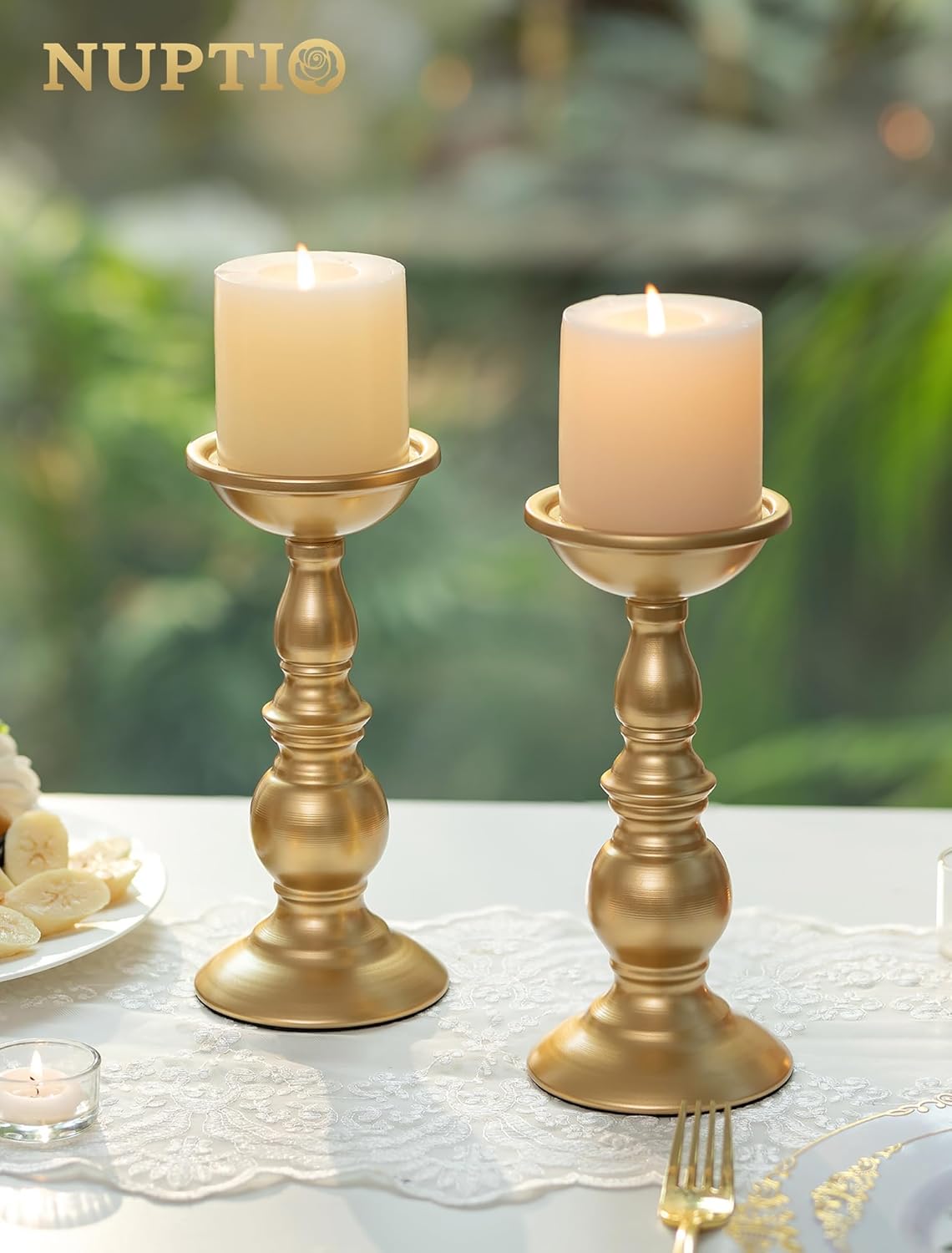 NUPTIO Brass Pillar Candle Holders: Gold Tall Stand for 3" Candles (2 x L) | Metal Candle Centerpieces Decoration for