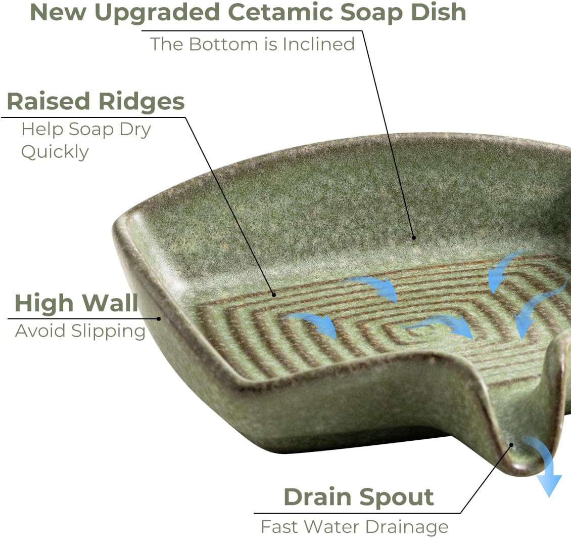 Ceramic Drain Soap Holder Waterfall Design Soap Saver for Shower / Green / Rectangular
