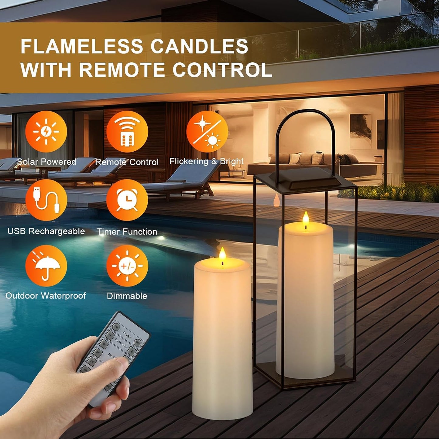 SoulBay 10"x4" Solar & USB Rechargeable Outdoor Flameless Pillar Candles | Waterproof Flickering LED, Remote Timer