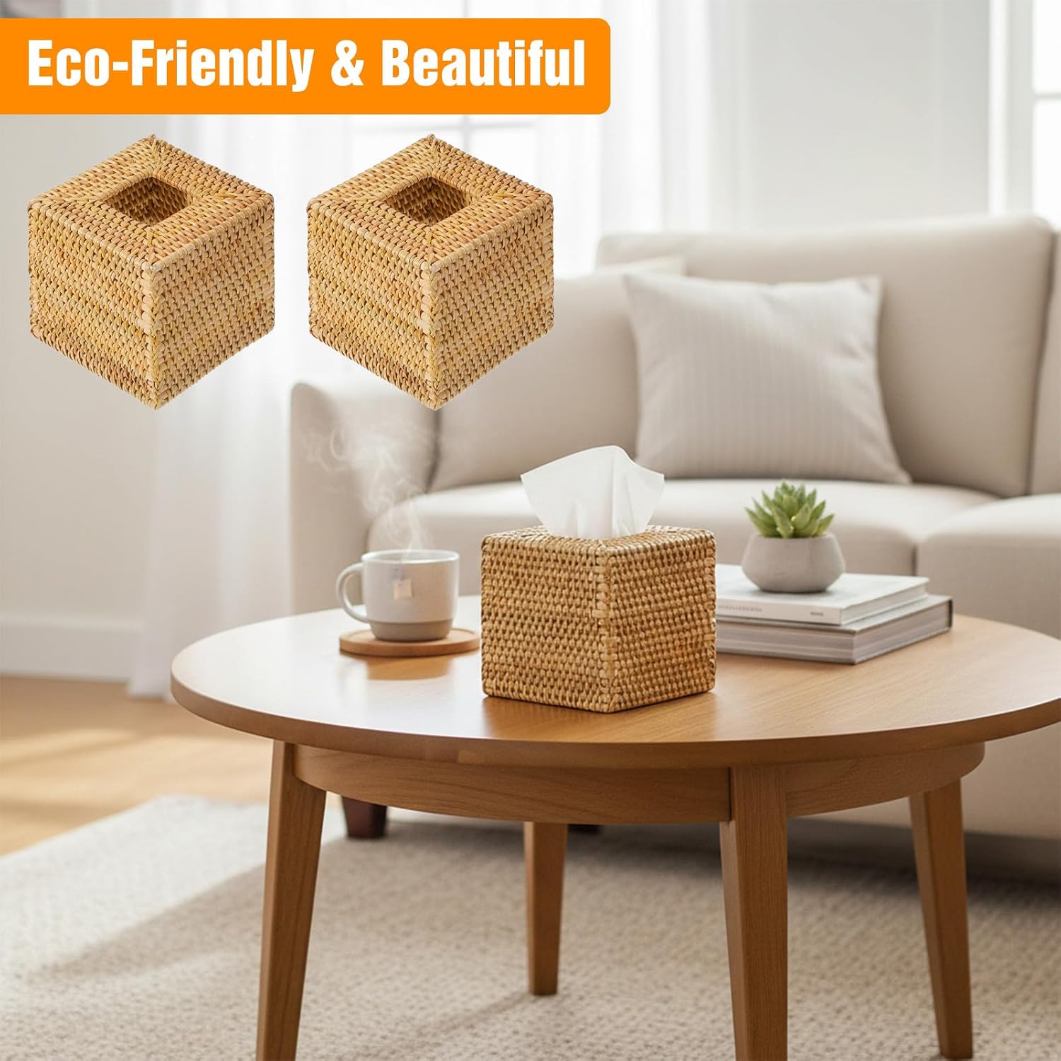 Square Rattan Tissue Box Cover / Natural / Set of 2