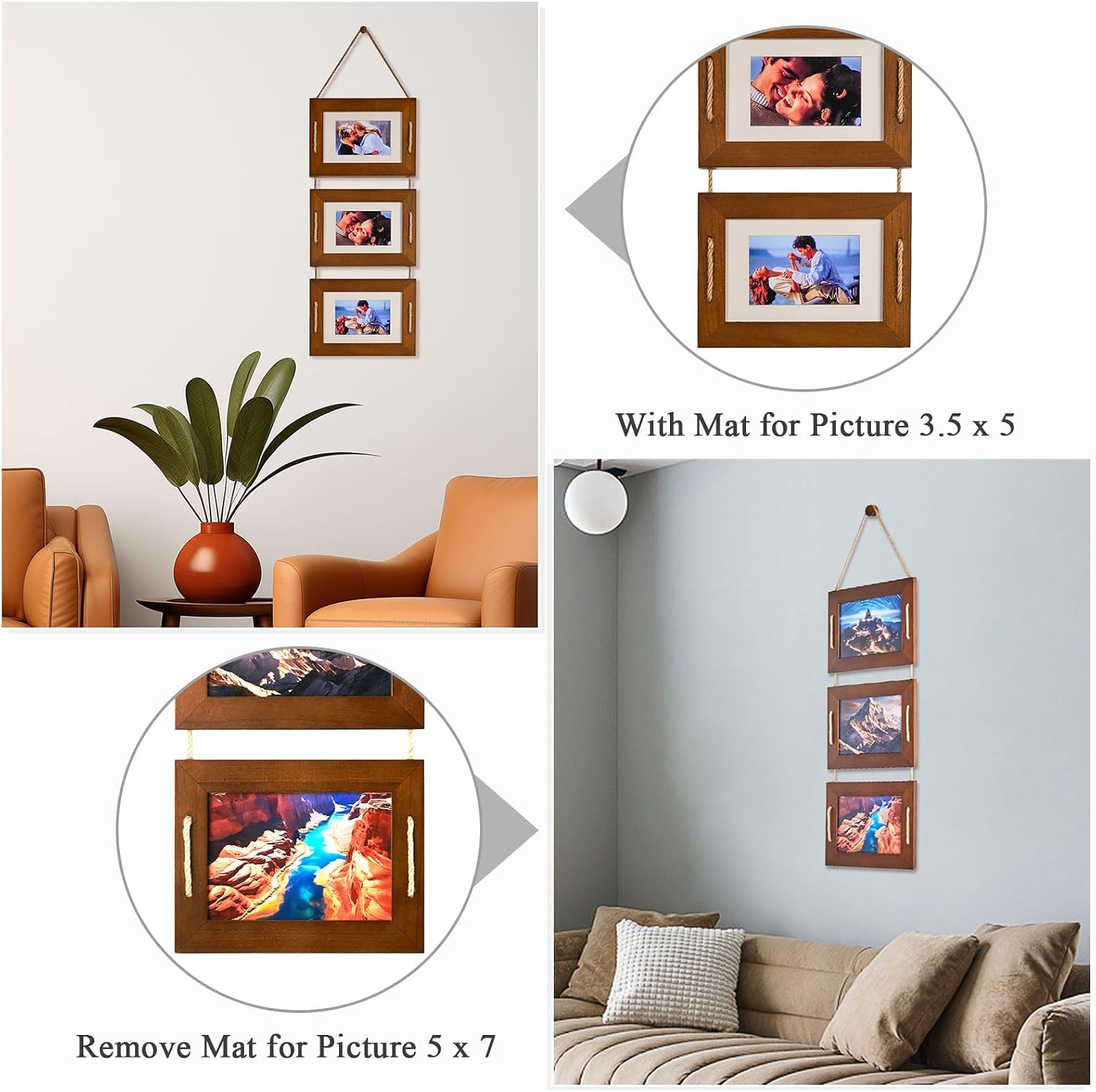 DLQuarts 5x7 Hanging Picture Frames Collage Wall Decor, 3 Opening 5x7 Matted to 3.5x5 Photo Rustic Wood Frame, Dark