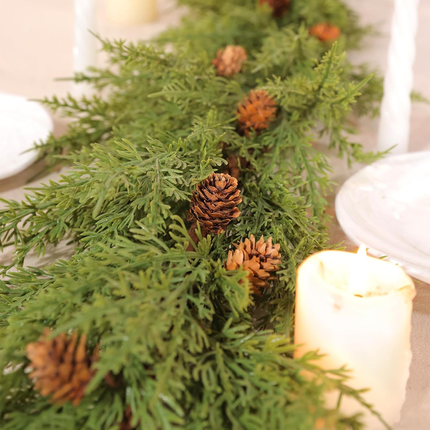 WBHome 2pcs Real Touch Cypress Cedar & Pine Cone Evergreen Garland for Christmas Holiday Seasonal Outdoor/Indoor Home