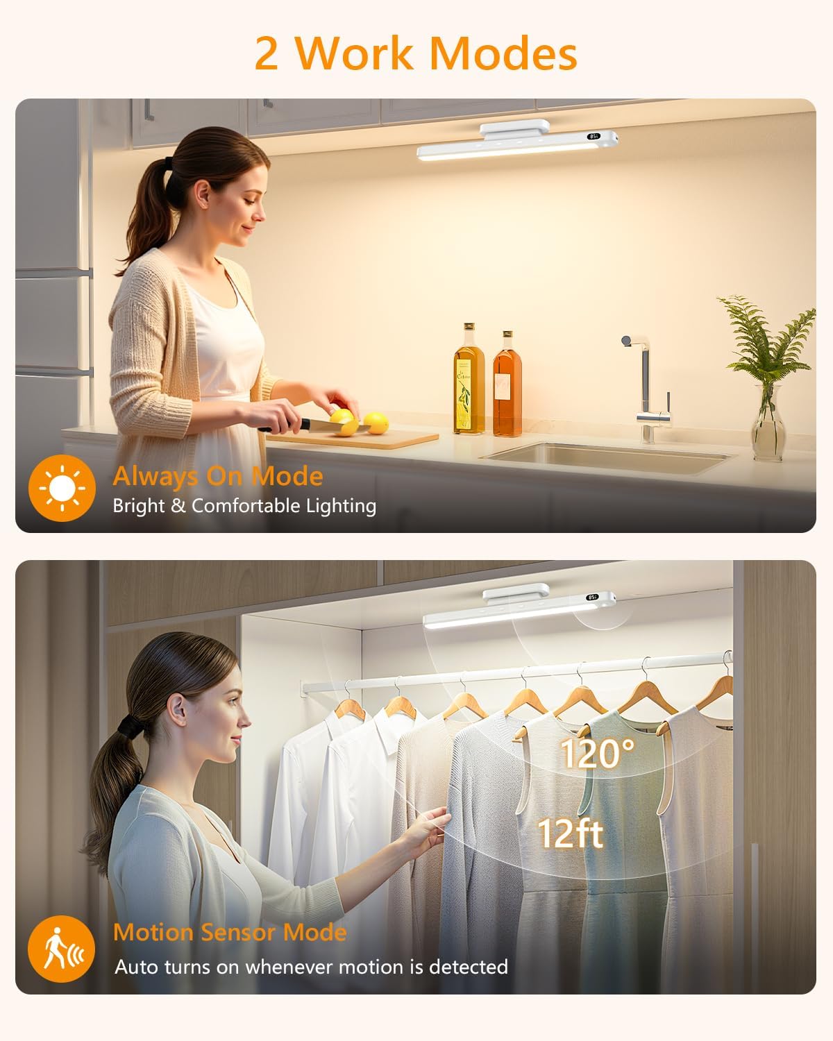 WILLED 5W Motion Sensor Led Light Bar, Eye-Care Rechargeable Closet Light with Battery Level Display, Makeup Lighting