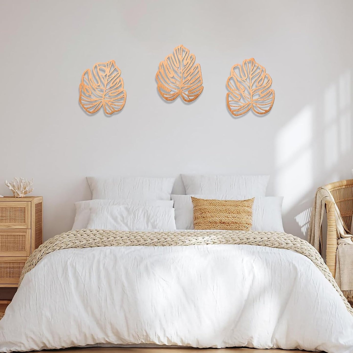 Wooden Natural Leaves Plant Wall Decor / Light Brown / Set of 3