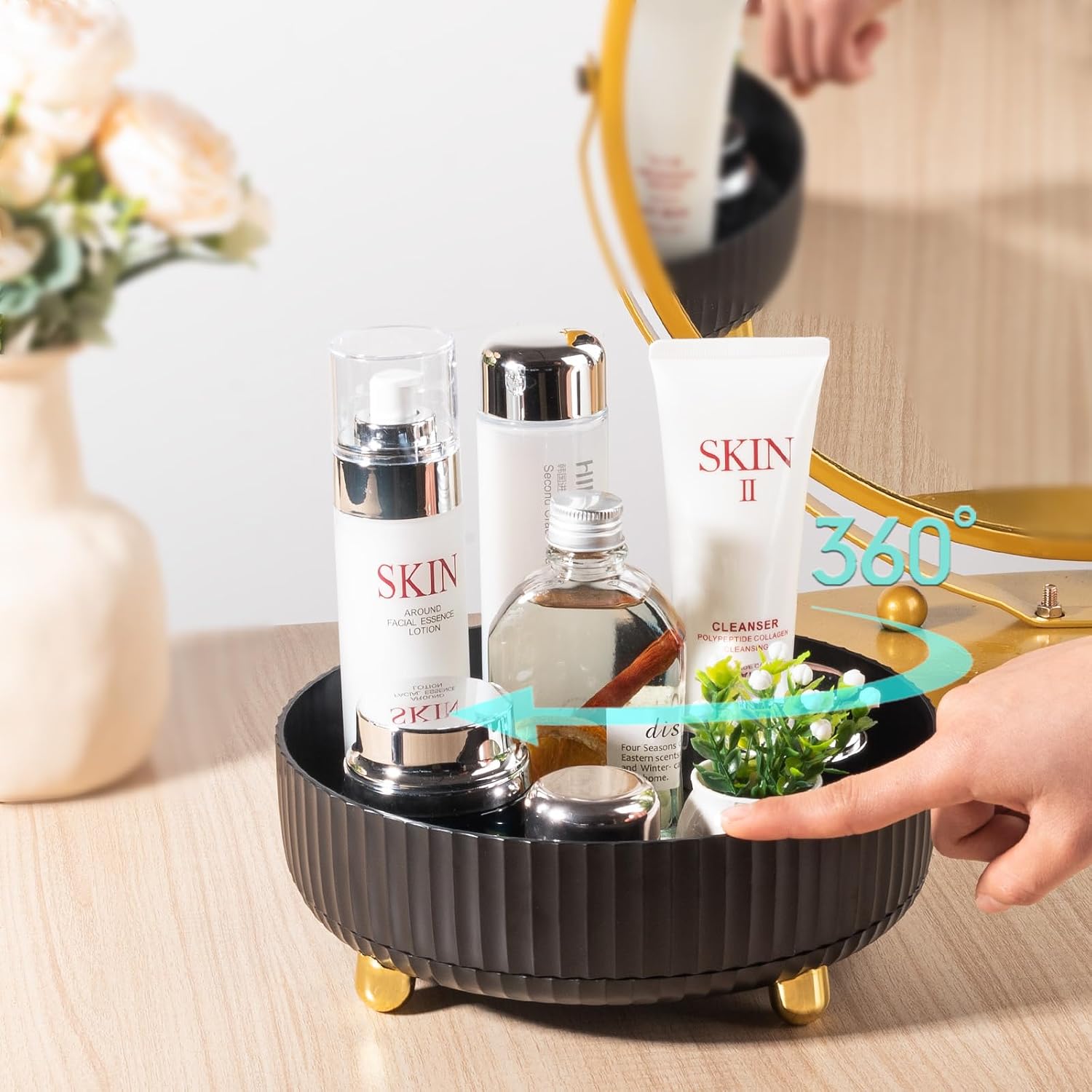 Makeup Perfume Organizer Tray 360 Degree Rotating Lazy Susan Skincare Lotion / Black / Set of 9