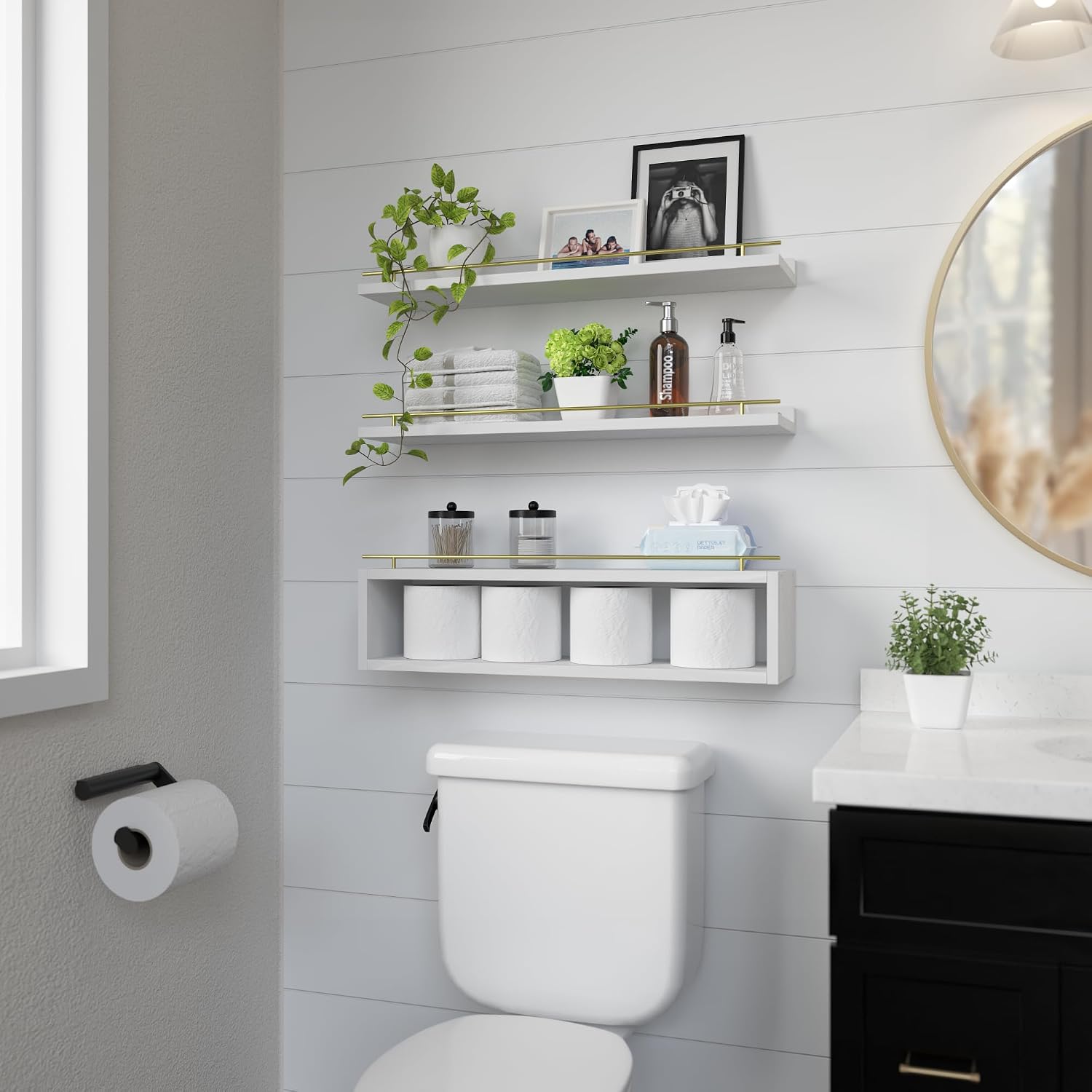 Floating Shelves for Wall 24 inch with Cube Shelf, Wall Shelves with Metal Rail for Decor, Bathroom Organizers and