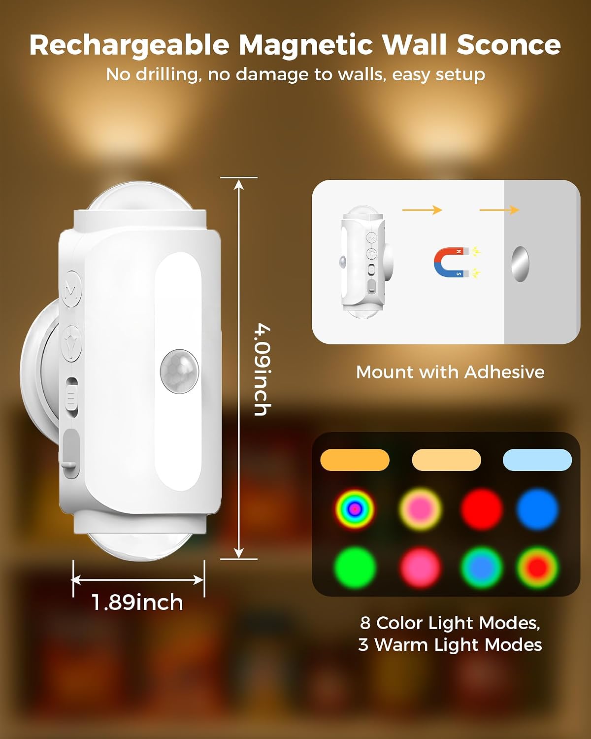 Motion Sensor Wall Light, Rechargeable Peel and Stick on Sconce Set of 2 | Wireless No Drill RGB Wall Lamps, Magnetic