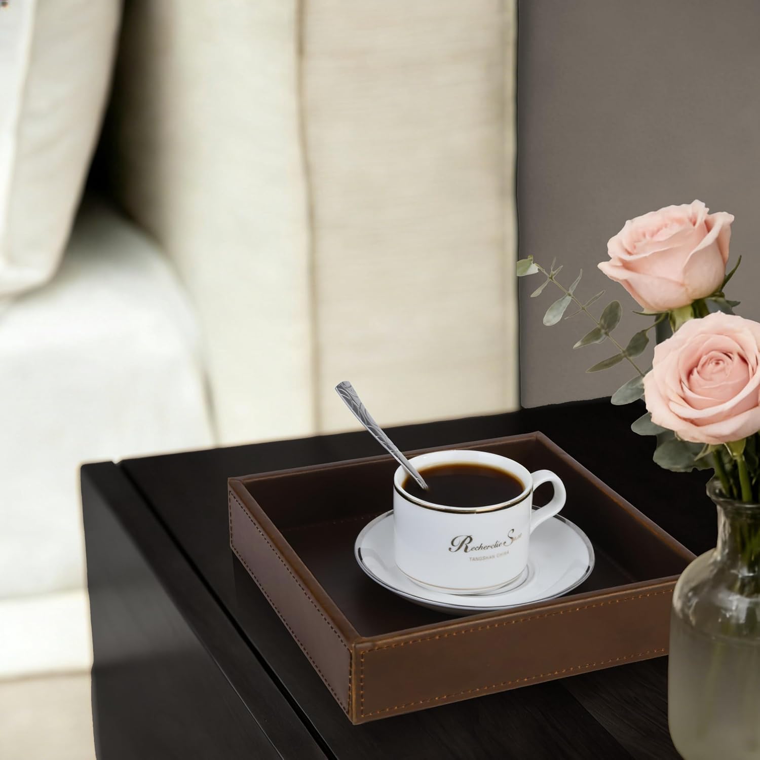 Faux Leather Vanity Tray / Brown / 8 x 8 x 1.8