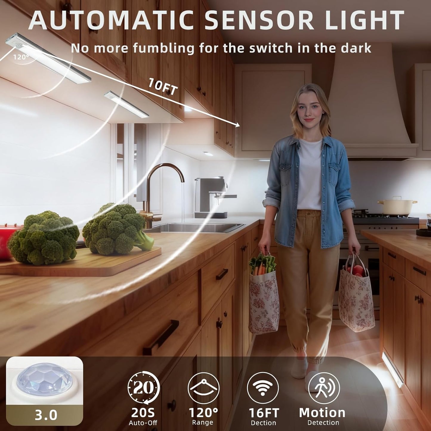 14inch Under Cabinet Lighting, 4 Pack Rechargeable Motion Sensor Light Indoor, Wireless Dimmable Magnetic Closet