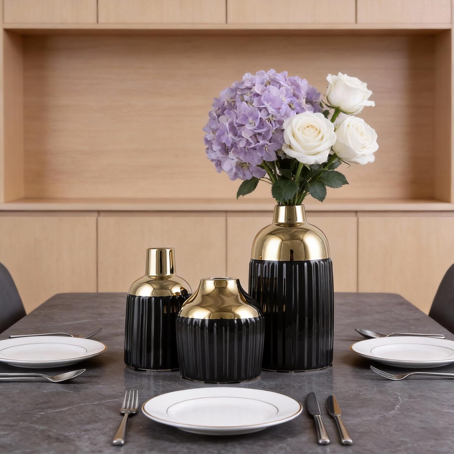 Gold Ceramic Vase 3-Piece Set / Bg / Black