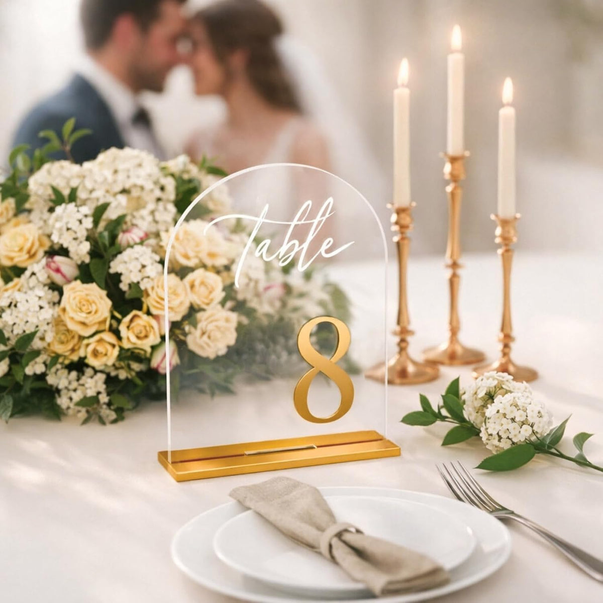 Wedding Table Numbers 1-20, Reception, 5.5" x 7" Clear Acrylic Arch Signs | Raised 3D gold numbers bring a refined