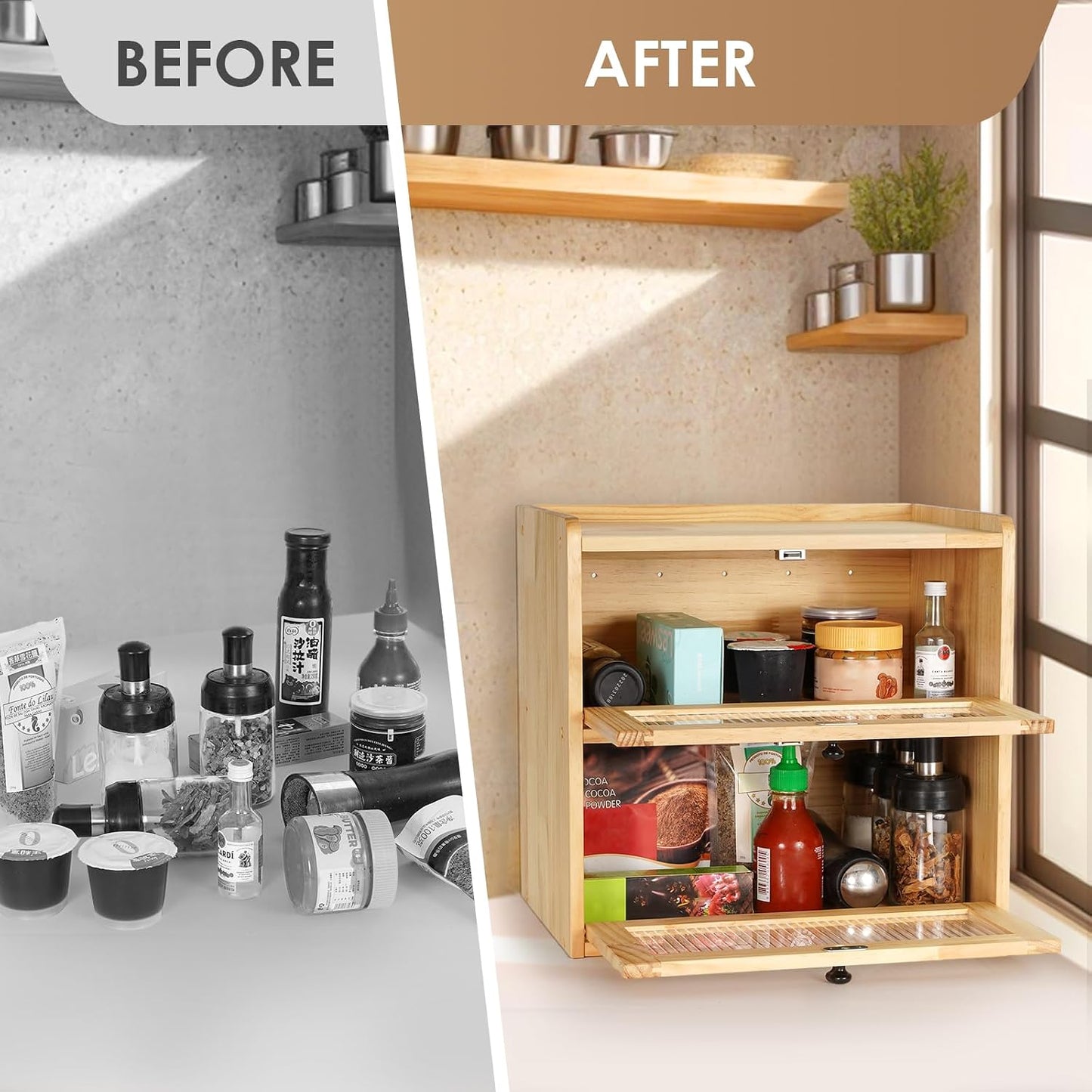 Sunhoo Bread Box for Kitchen Countertop Wooden Bread Storage Container Bin 2 Layer Breadbox Holder Large Capacity
