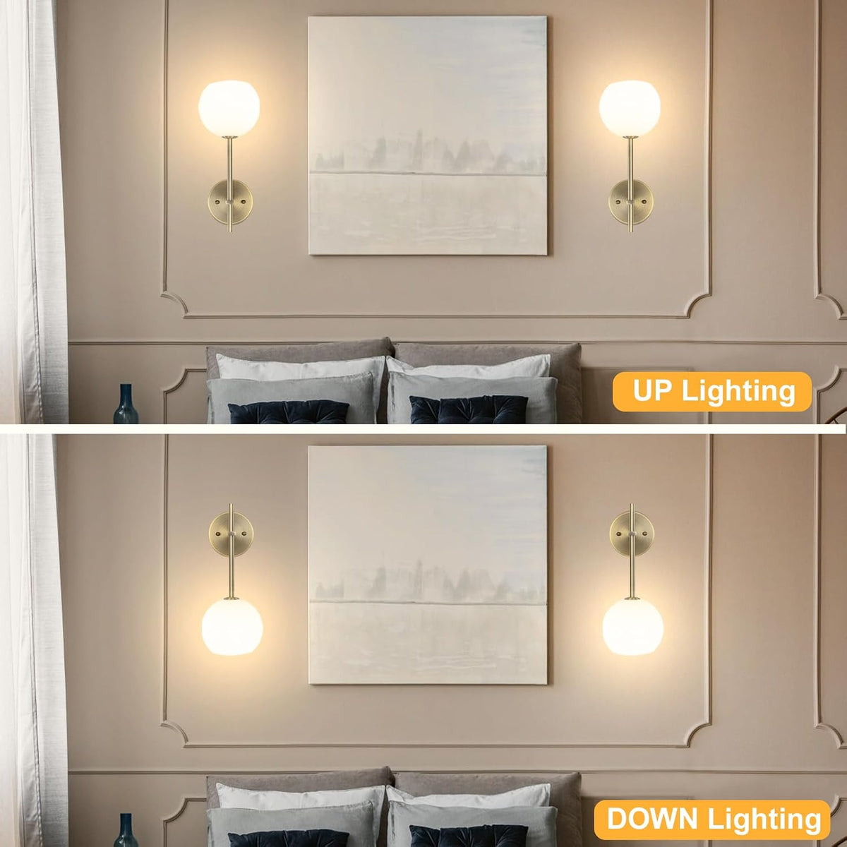 Brass Battery Operated Wall Sconces Set of 2, Rechargeable Wireless Wall Lights with Milky White Frosted Glass, 12 RGB