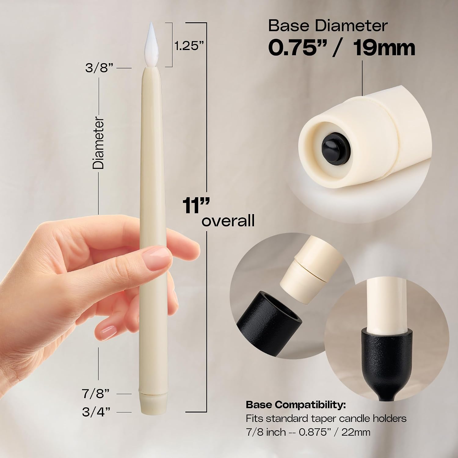 12 Pack, 11" Ivory Flameless LED Taper Flickering Candles Lights, Bottom On/Off Button (no Remote), Battery Operated