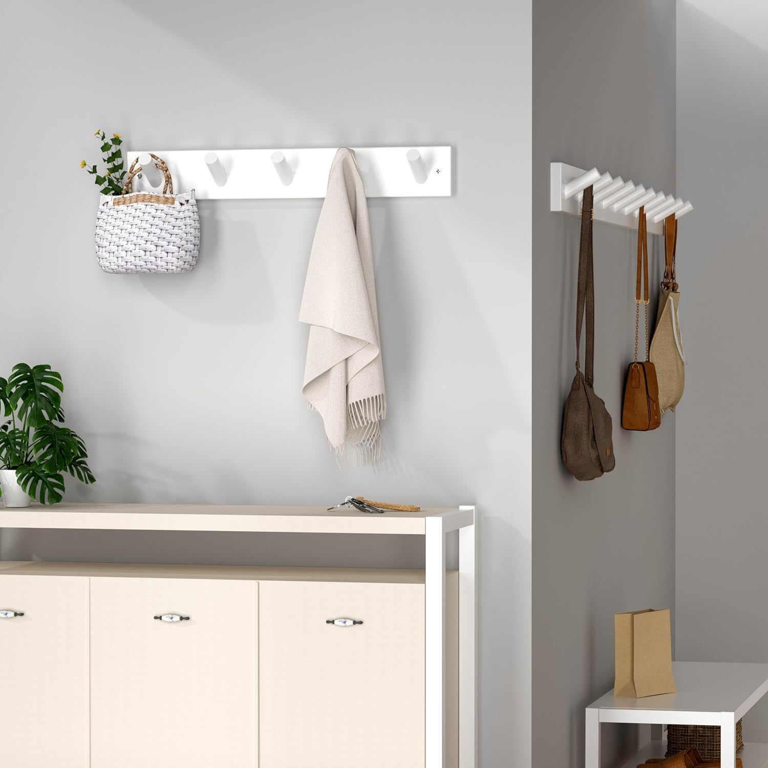 SKOLOO Coat Rack Wall Mount 17 inch, 5 Hooks, Bamboo, Shaker Style, White | Wooden hooks for wall, painted finish