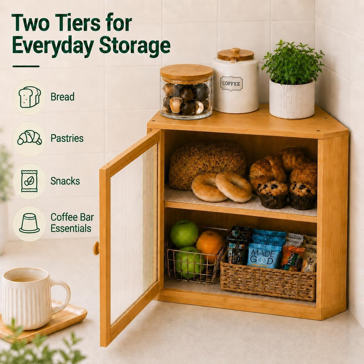 BAMBANG Corner Bread Box for Kitchen Countertop, Large Capacity Bamboo Wood Bread Storage Container, 2 Tier Farmhouse
