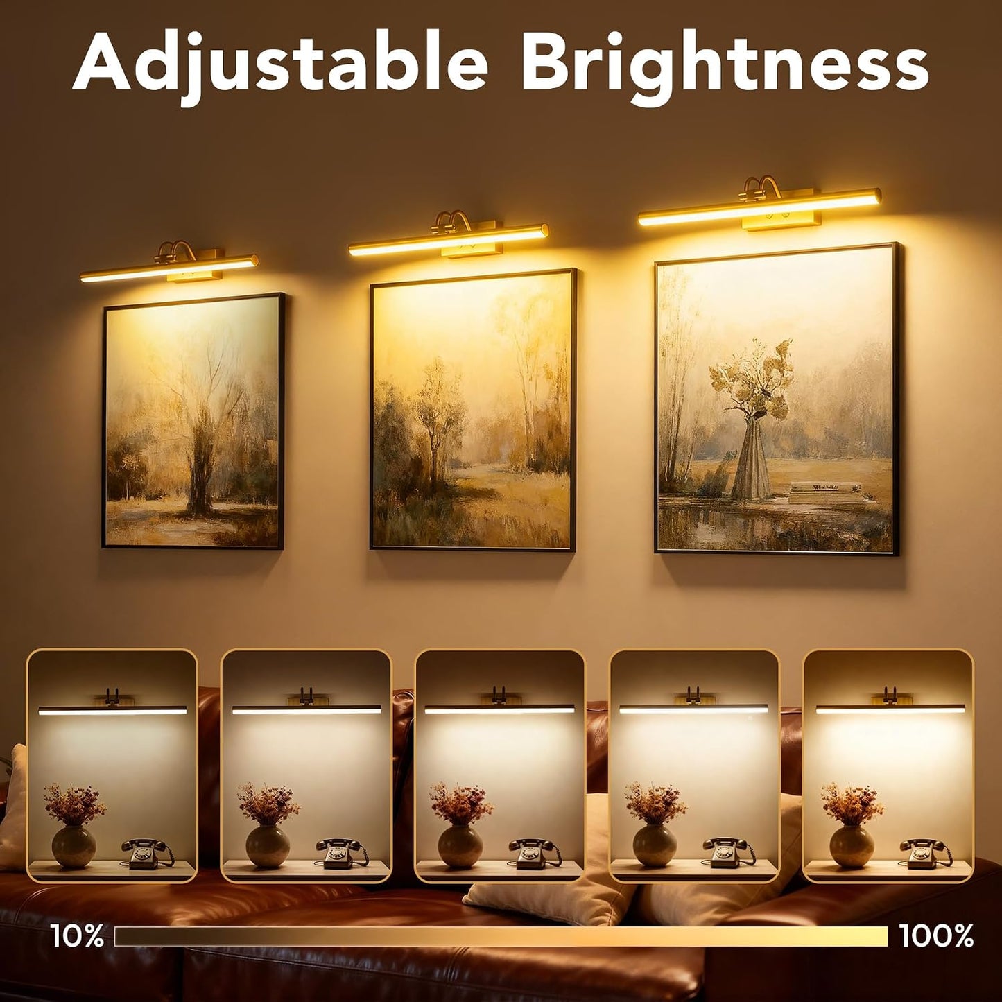 Picture Light for Wall,5000mAh Wireless Wall Light,16" Art Light,Brass | Rechargeable Photo Lights,Remote Timer and
