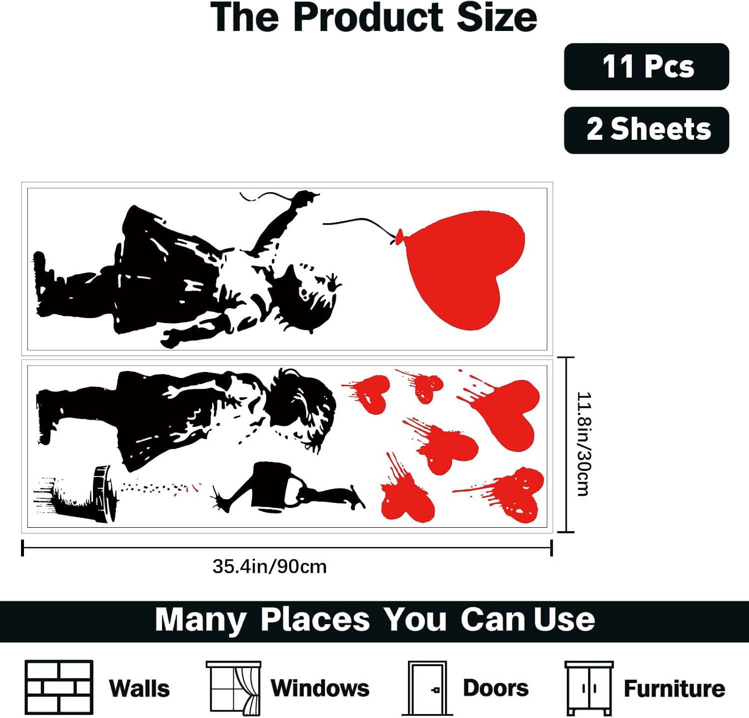 2 Sheets Banksy Wall Stickers Removable Vinyl Wall Decals Banksy Graffiti Art Mural / Balloons Girl