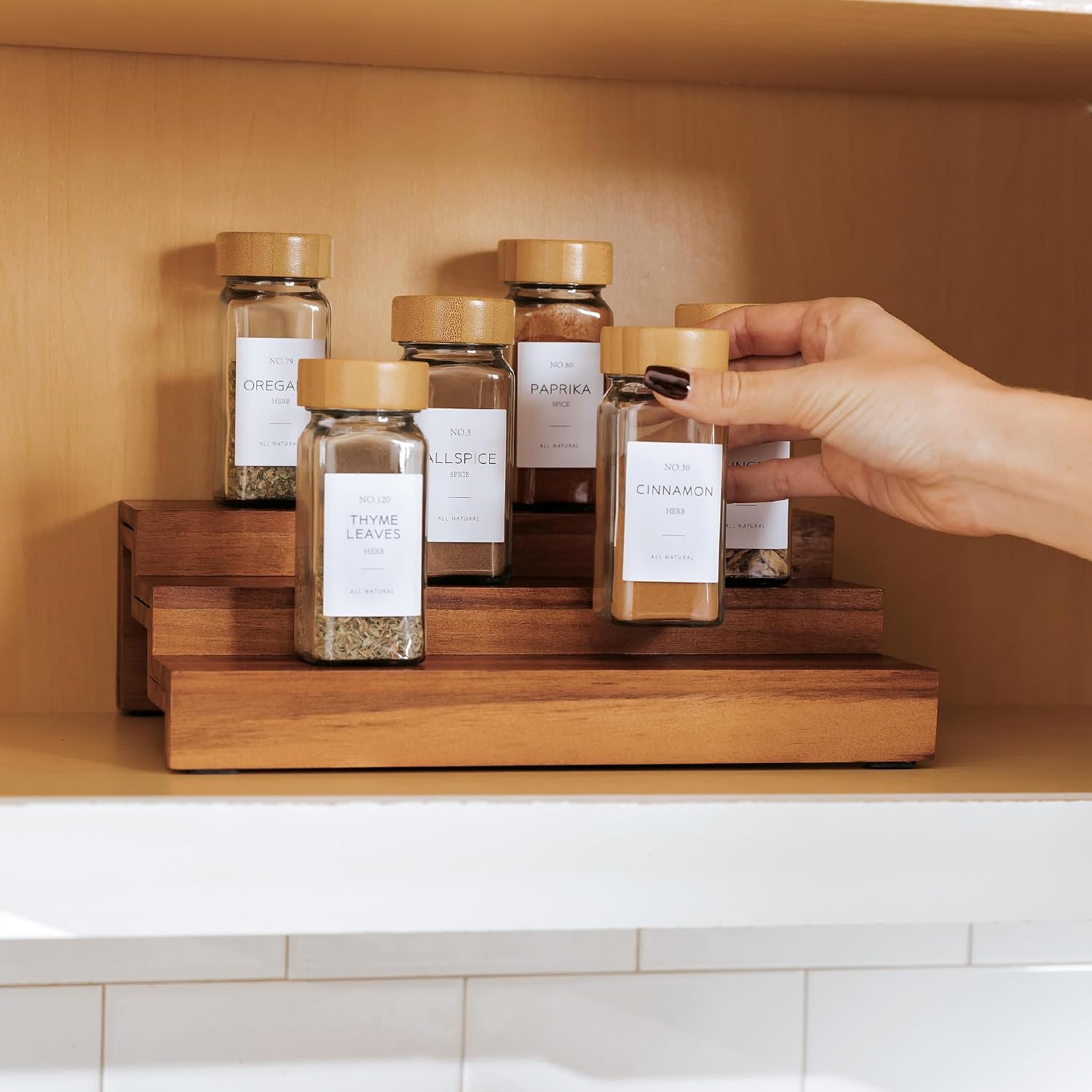 3-Tier Expandable Spice Rack Organizer, Acacia | Fits 36 spice jars, pantry storage, non-slip feet