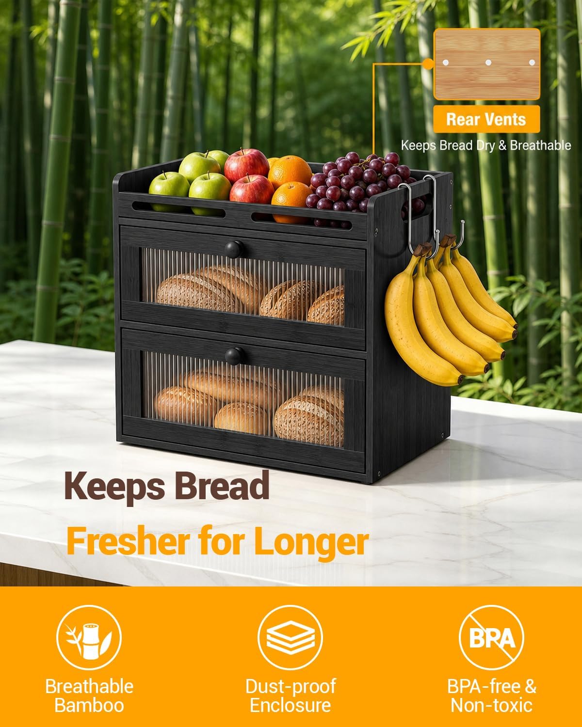 Bread Box for Kitchen Countertop, 2-Tier Bamboo Storage with Raised Shelf | Black, Large Bread Container, 2 Banana