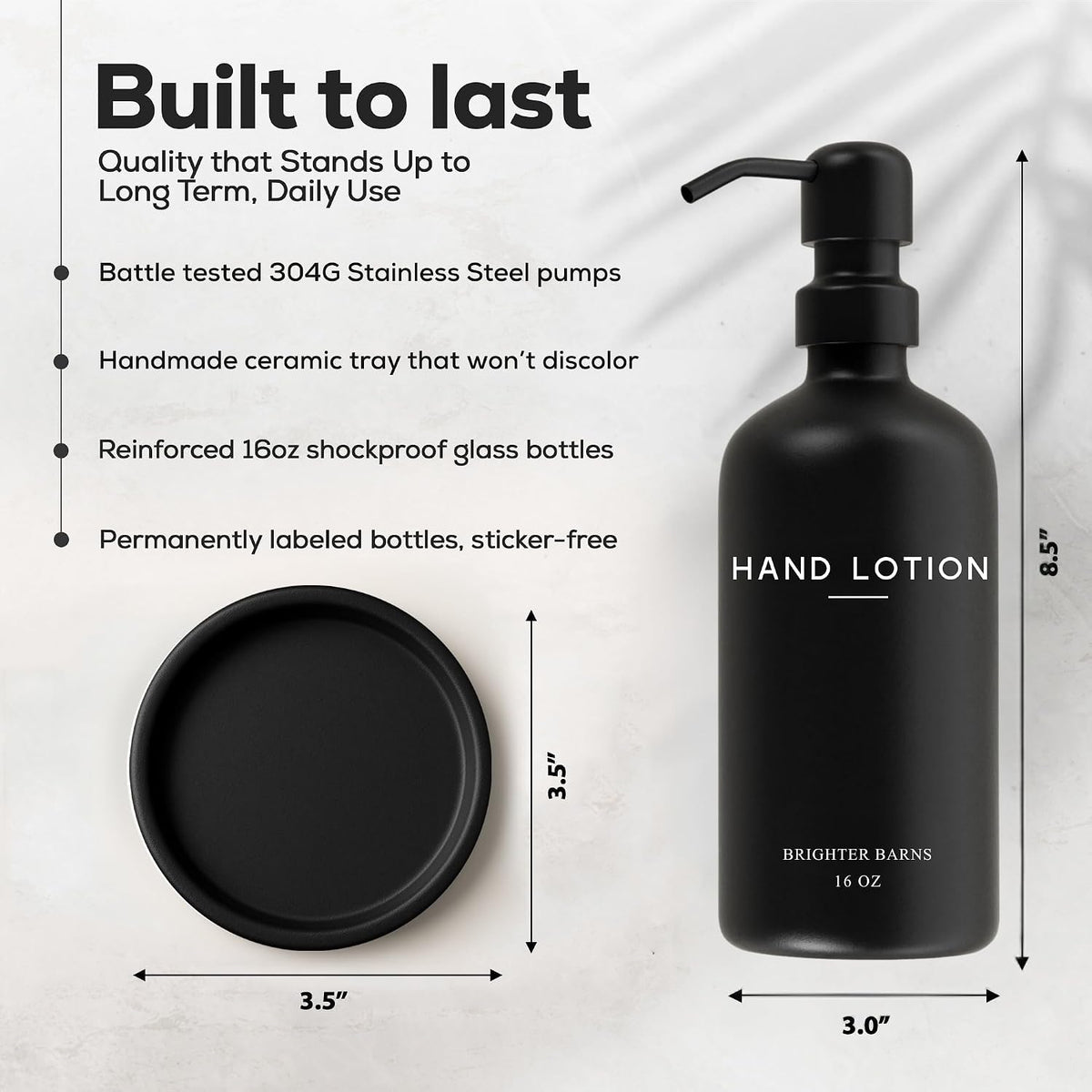 Black Glass Lotion Dispenser with Pump by Brighter Barns - Hand Lotion Dispenser Bathroom Set & Tray - Modern Bathroom