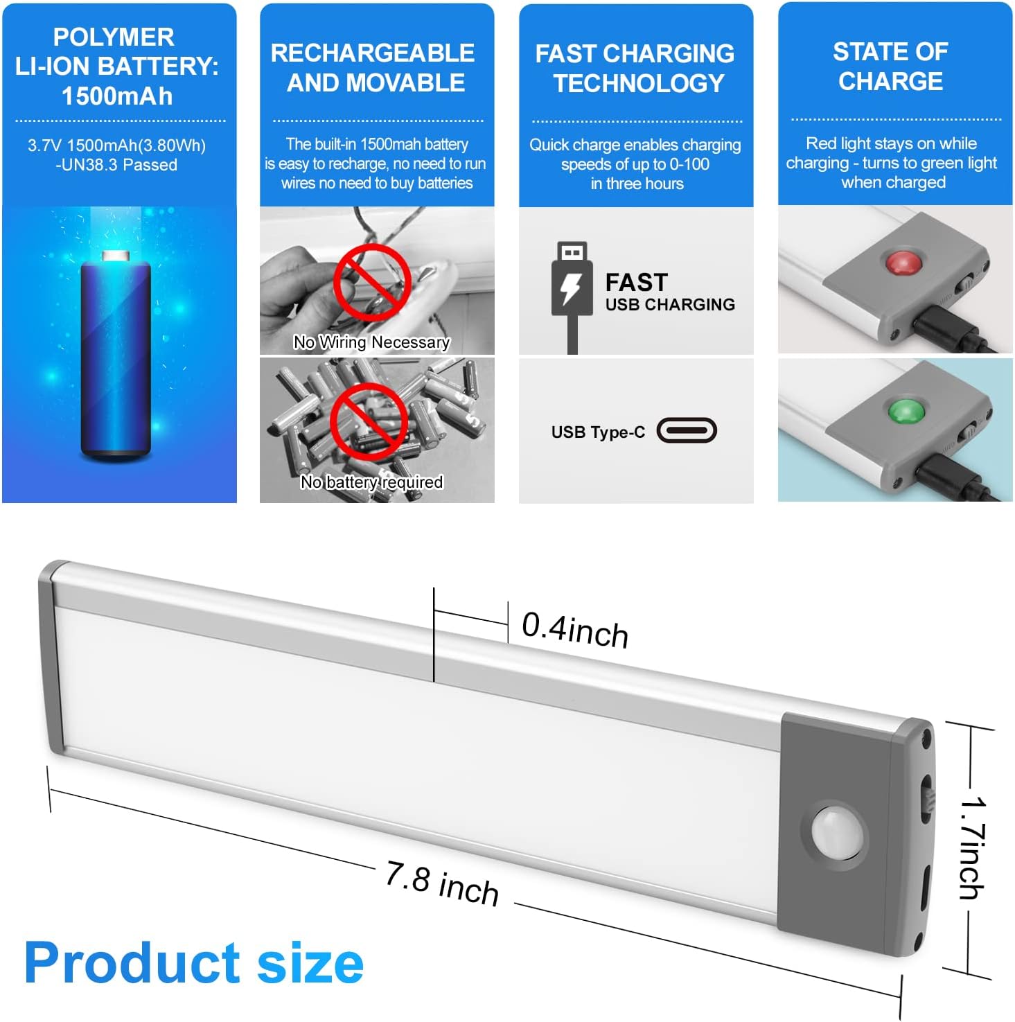 30-LED Under Cabinet Lights,USB Rechargeable Kitchen Cupboard Night Light,Battery Operated Under Counter Closet
