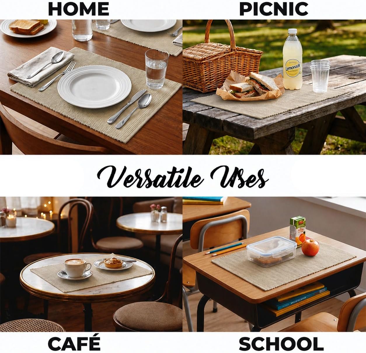 100% Cotton Ribbed Placemats - Set of 6-13 x 19 Inches - Beige - Everyday Cloth Table Mats - Thick Construction