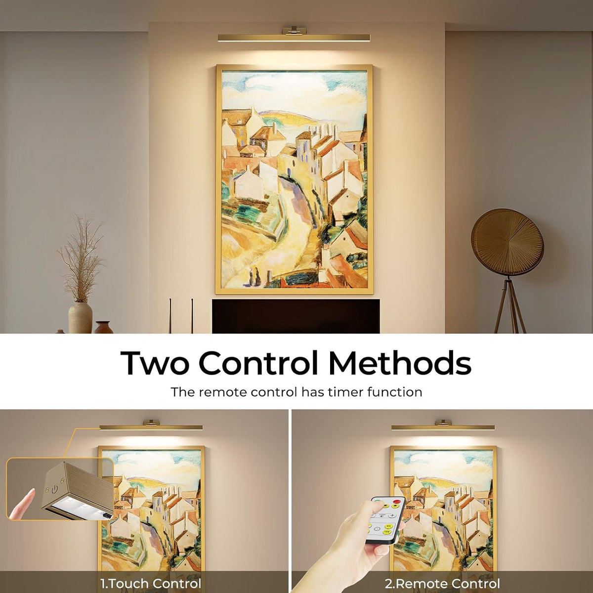 Picture Lights for Wall, Brass Battery Operated Picture Light 24in Art Light CCT Dimmable Recharging Battery Wall Light
