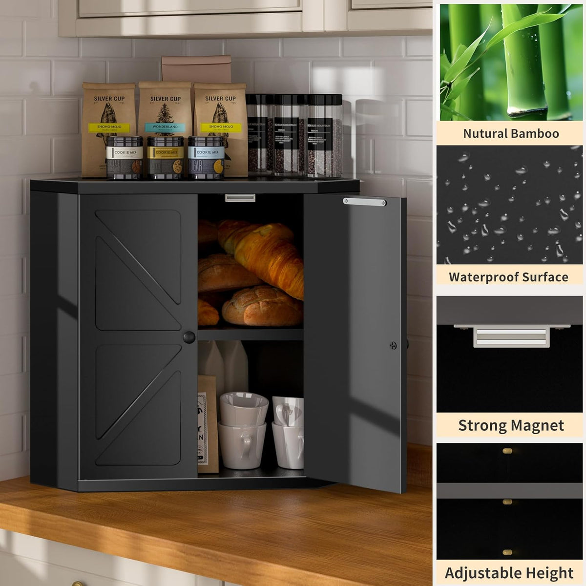 Corner Bread Box for Kitchen Countertop,Storage Container for Homemade Bread, Double Layer BreadBox, Large Capacity