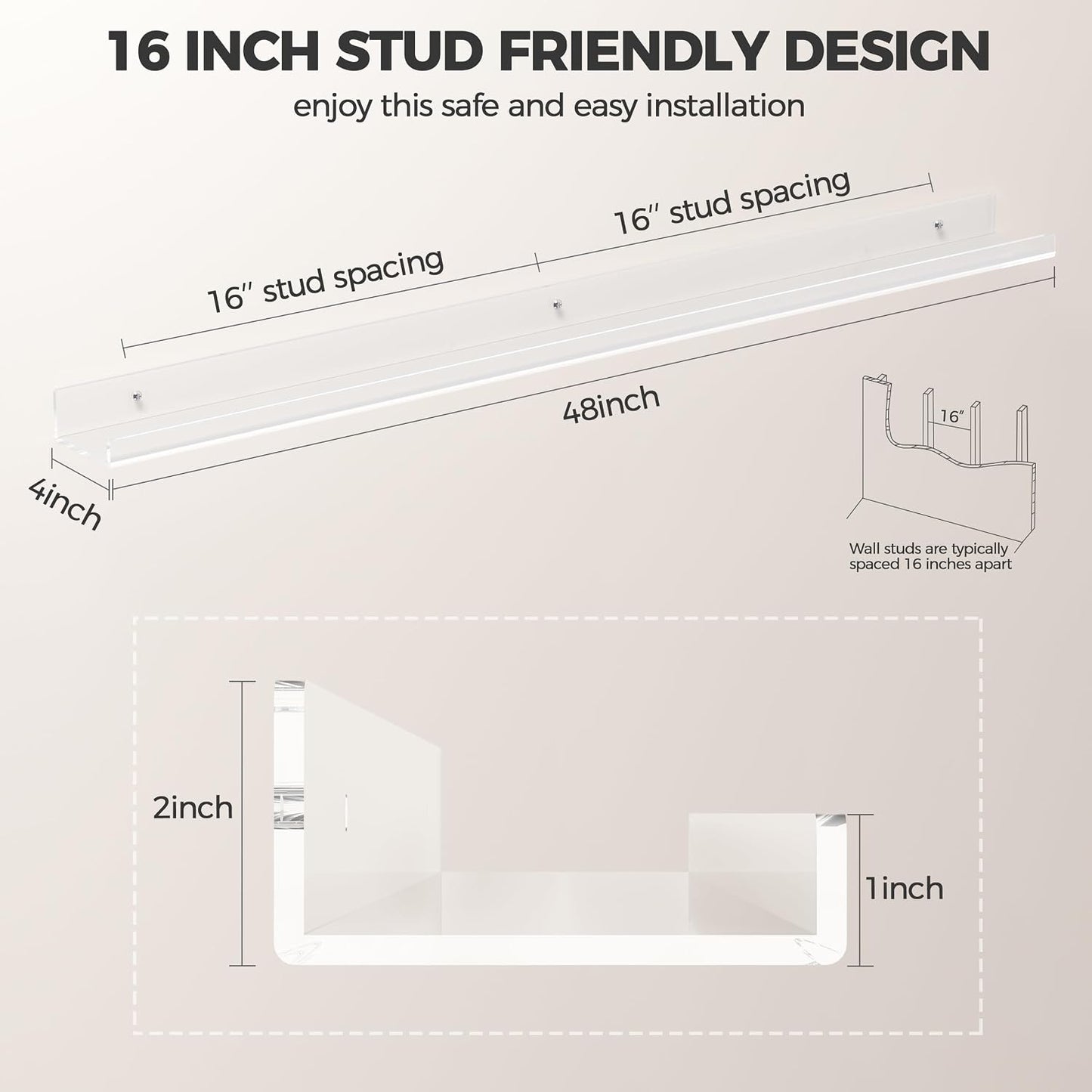 HBlife 48 Inches Invisible Wall Floating Bookshelf for Kids and Nursery, Clear Acrylic Shelves for Figures, 16 Inch