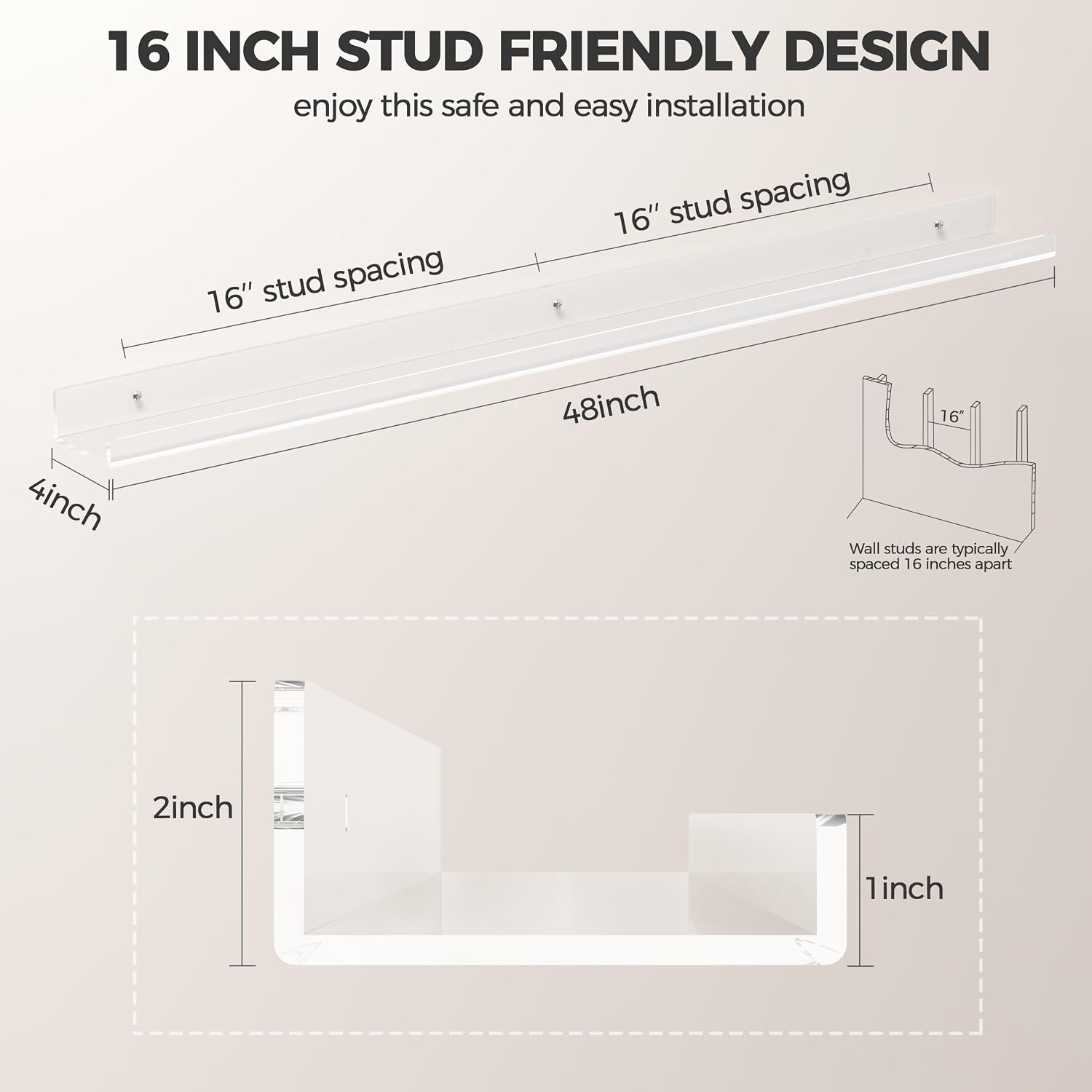 HBlife 48 Inches Invisible Wall Floating Bookshelf for Kids and Nursery, Clear Acrylic Shelves for Figures, 16 Inch
