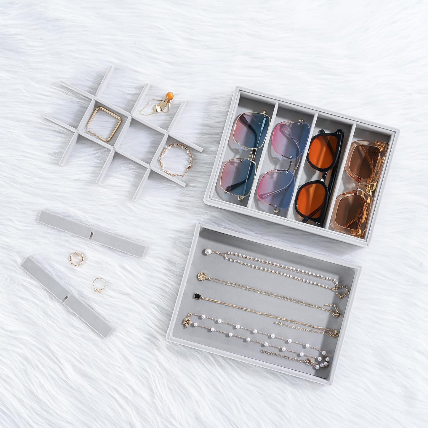 Stackable Jewelry Organizer Trays for Drawers / 4 Layers / Dark Grey