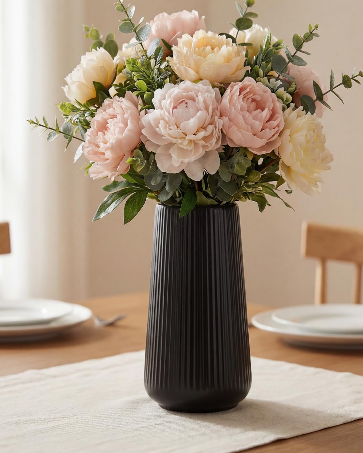 Ceramic Vase / Modern Ribbed Decorative Vase / Black01 / Black / 8 Inch