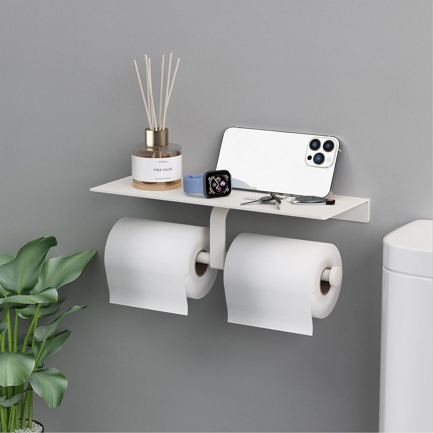 Bathroom Toilet Paper Holder with Shelf, Wall Mount, Double Roll, White
