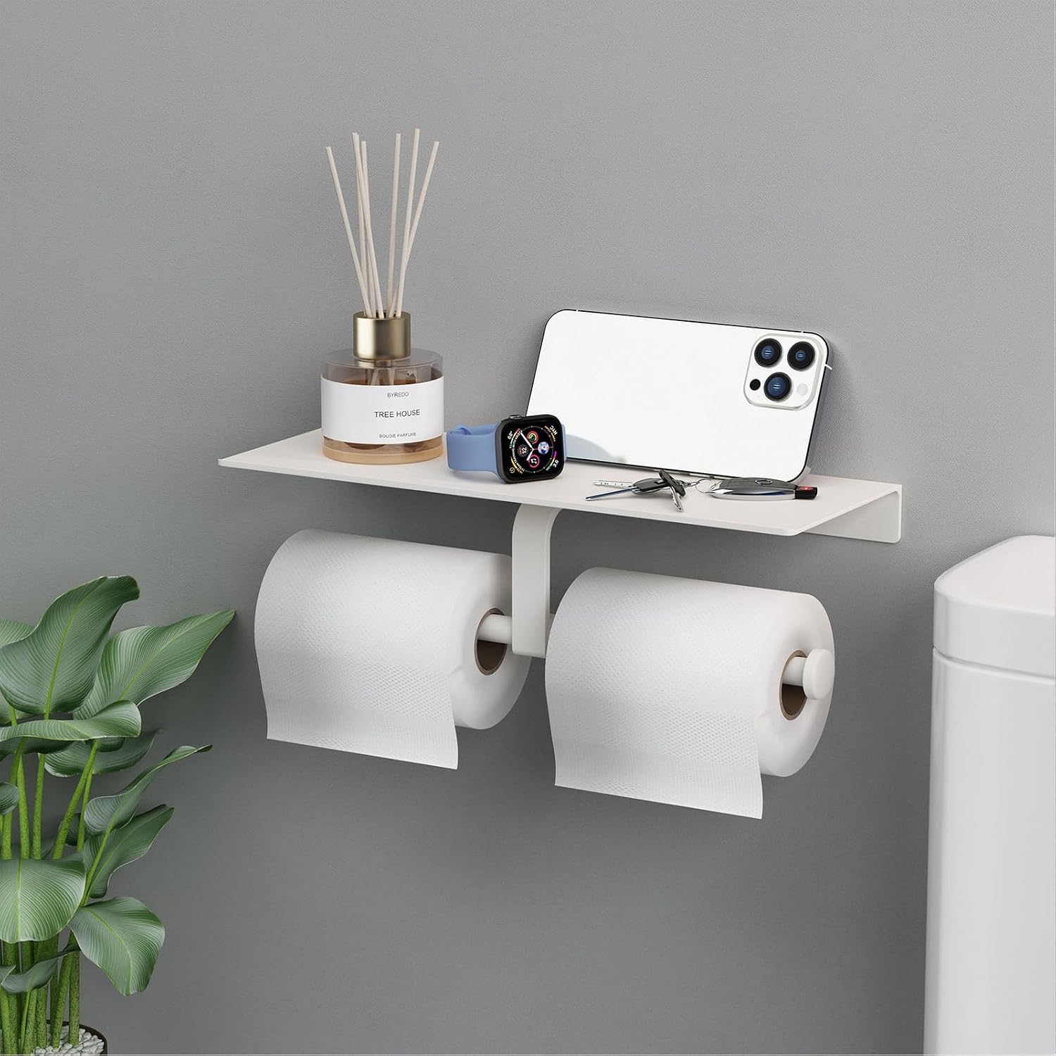 Bathroom Toilet Paper Holder with Shelf, Wall Mount, Double Roll, White