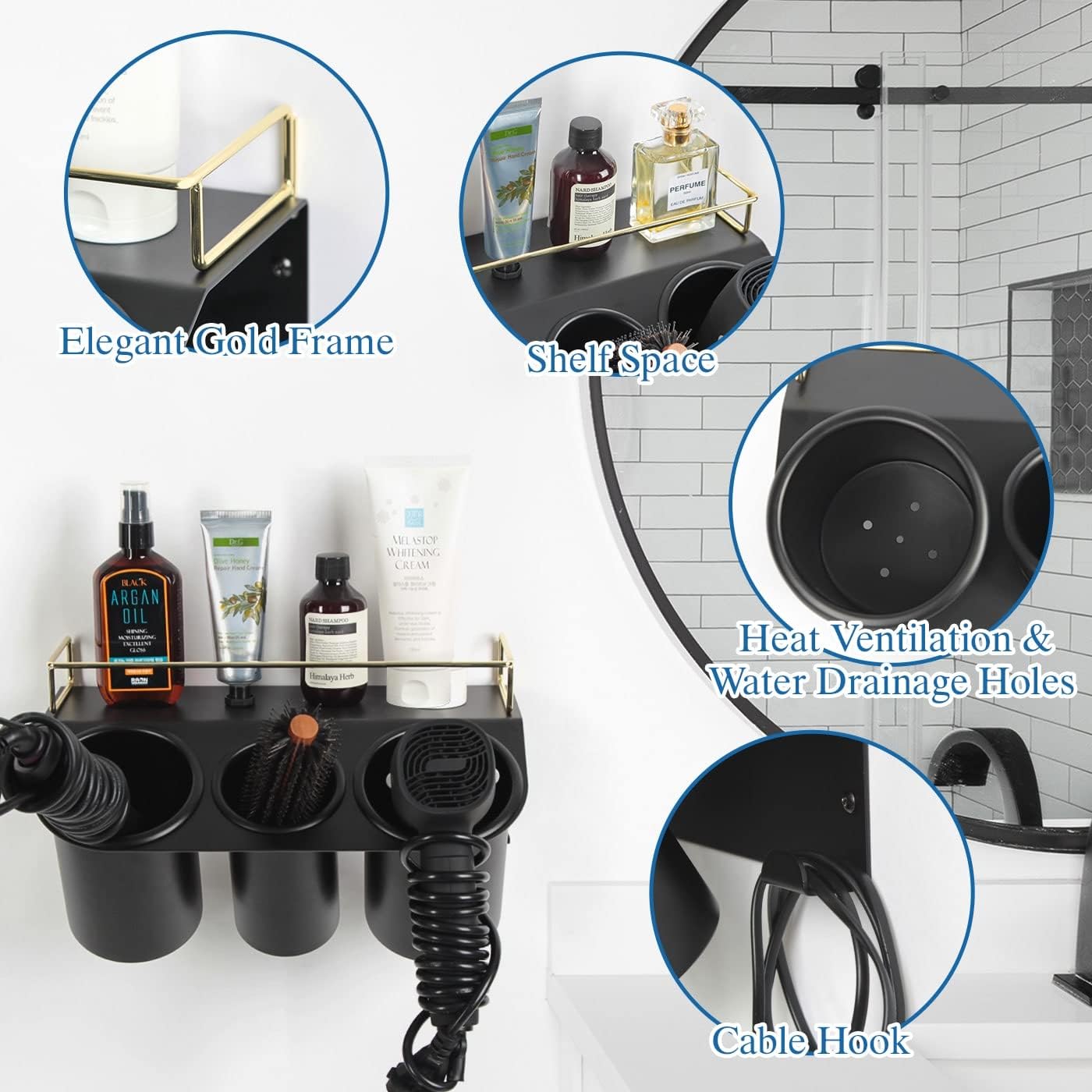 J JACKCUBE DESIGN Hair Dryer Holder Wall Mount Bathroom Vanity Hair Styling Care Tool Accessories 3 Cups Storage