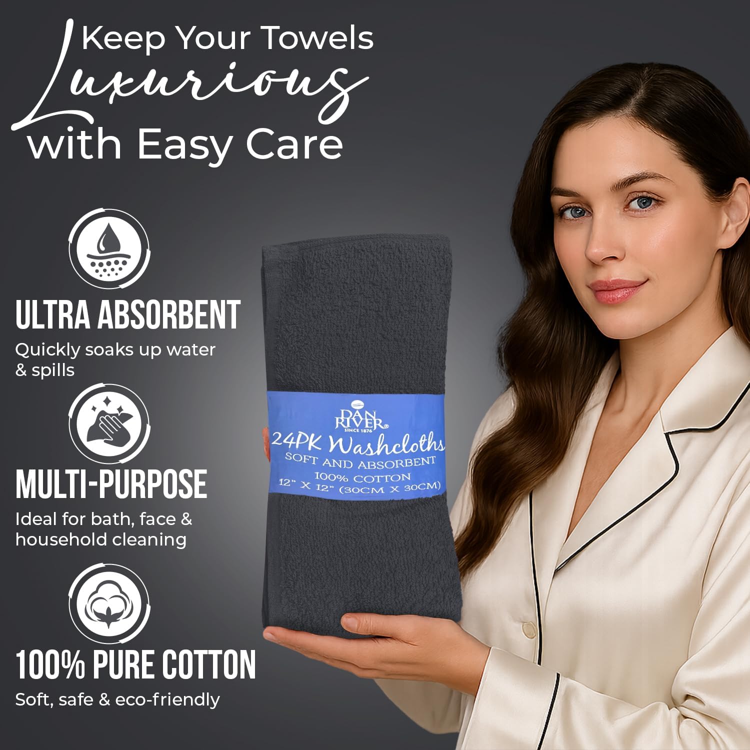 DAN RIVER 24 Pack Cotton Wash Cloths Set for Showering [12x12] Charcoal | Lighter Weight, Quick to Dry, Super Soft &