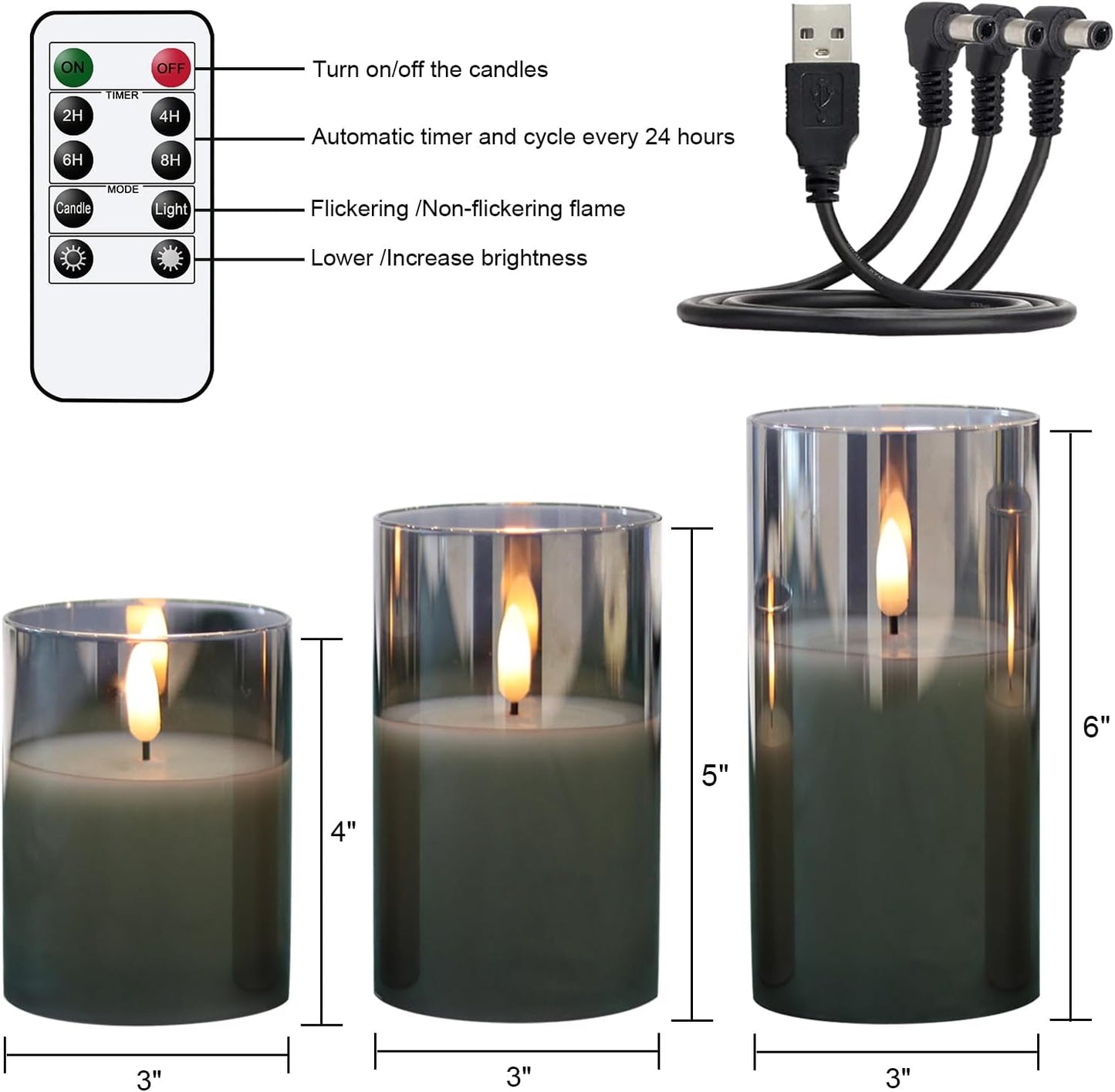 GenSwin Glass Rechargeable Flameless Candles Remote Battery Operated, Black | LED Pillar Candles, Long Lasting Real Wax