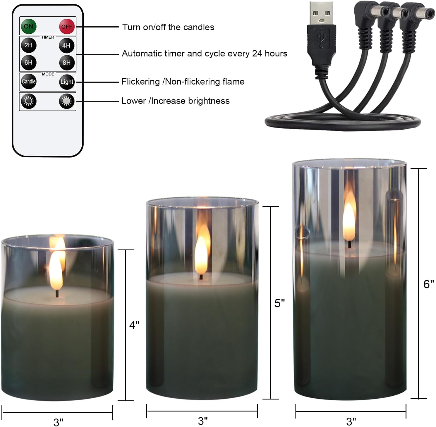 GenSwin Glass Rechargeable Flameless Candles Remote Battery Operated, Black | LED Pillar Candles, Long Lasting Real Wax