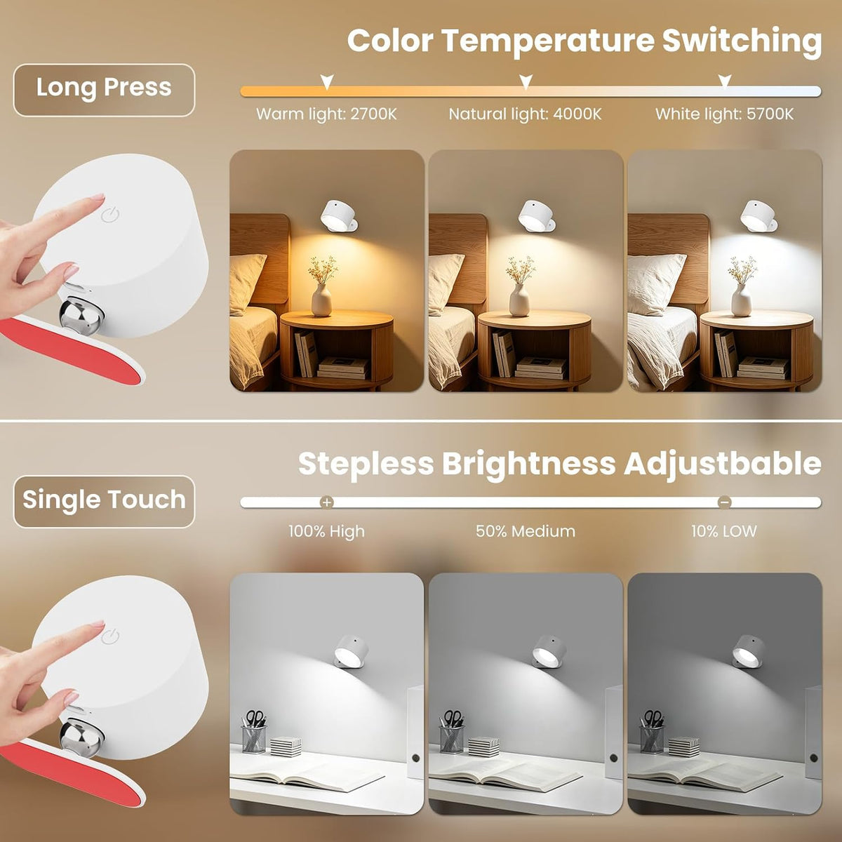 AKSDA 3Pack Battery Operated Wall Sconce, 3 Color Modes 3 Brightness Levels 360°Rotation Lighting Timer Touch & Remote
