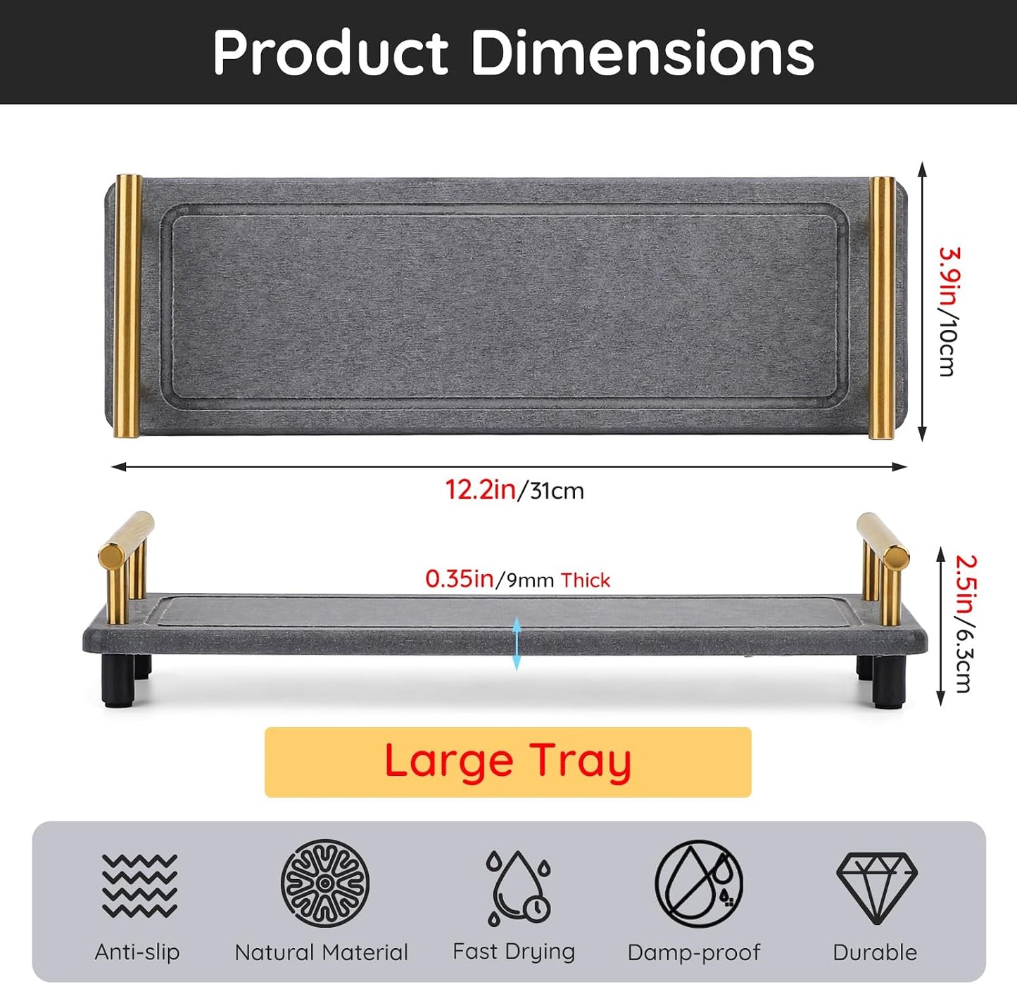 Water Absorbing Stone Drying Tray / Gray-gold / 12.2 x 3.9 x 2.5