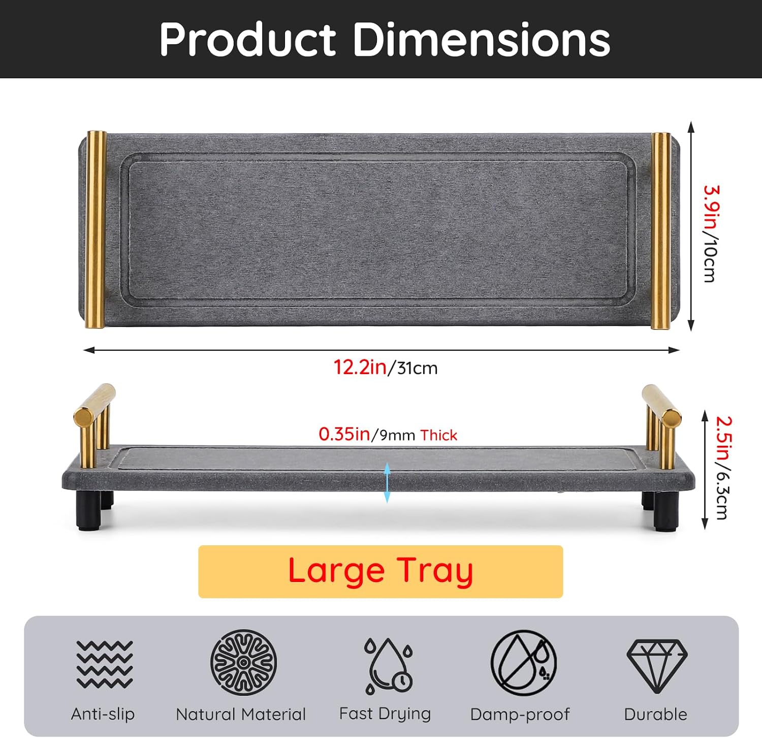 Water Absorbing Stone Drying Tray / Gray-gold / 12.2 x 3.9 x 2.5