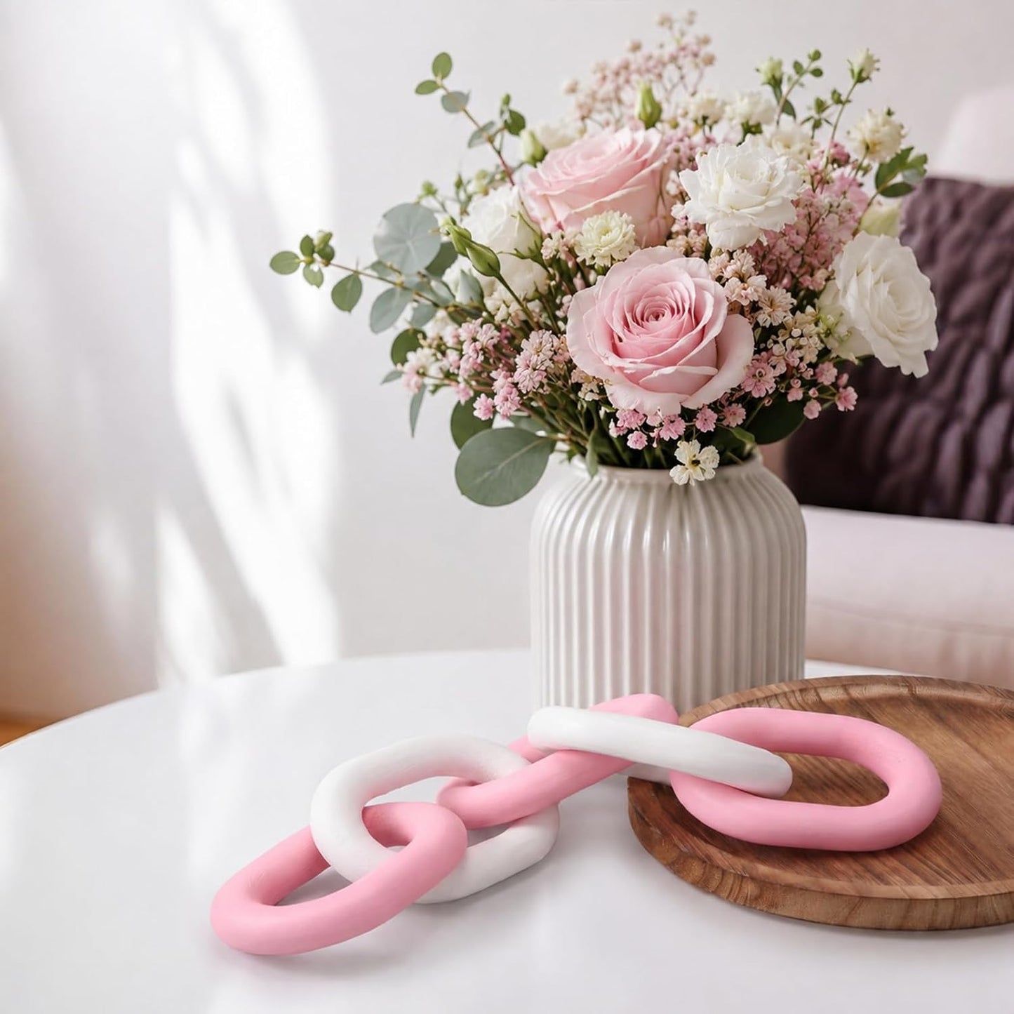 Decorative Wood Chain Link Decor Rustic 5 Link Wooden Chain Ornament / Pink White / 13.78 Inch
