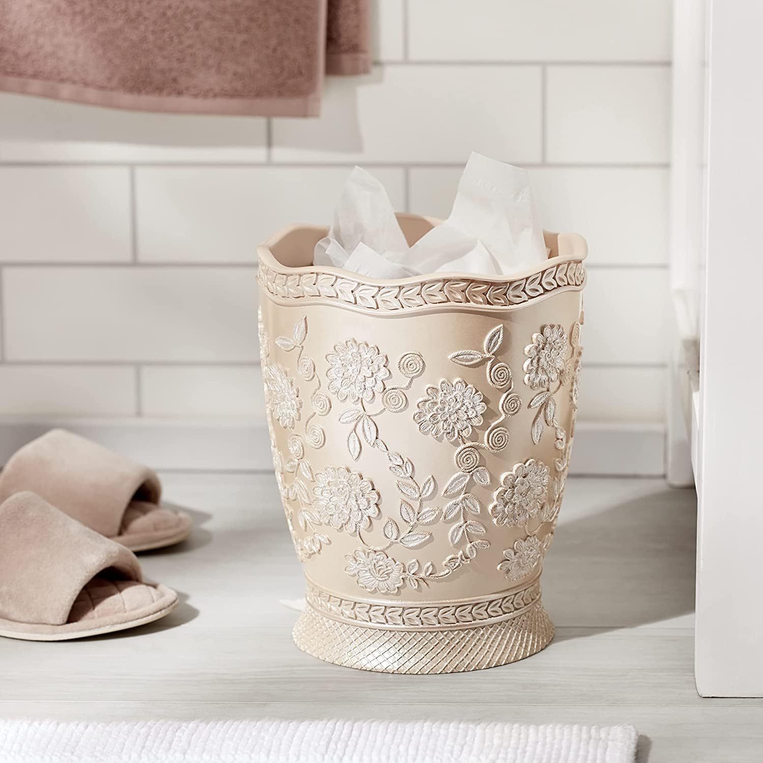Zahari Home 2pc Rose Vine Bathroom Set Waste Basket & Tissue Cover Modern Classic Decor Stylish Unique Design Beautiful