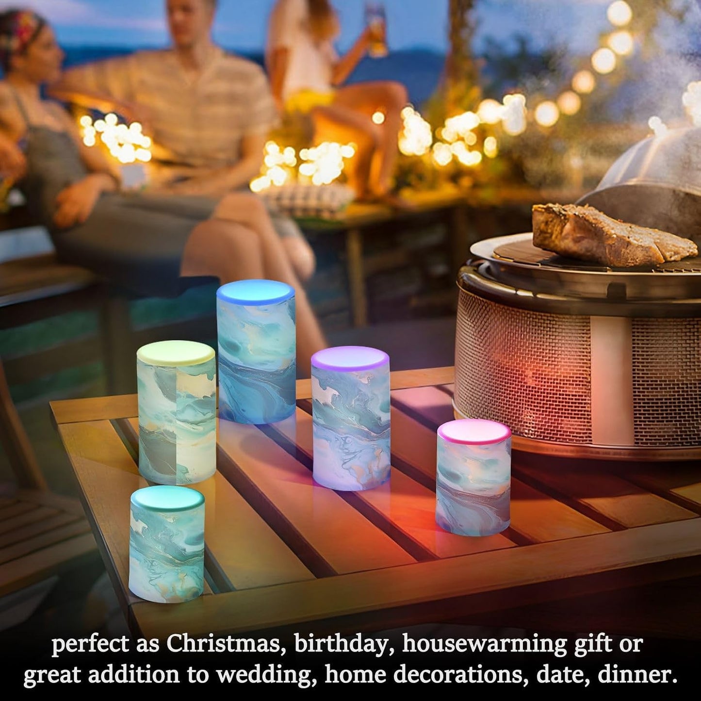 Flickering Flameless Candles, Turquoise Blue Marble Texture LED Candles with Remote Timer, Set of 2 Battery Operated