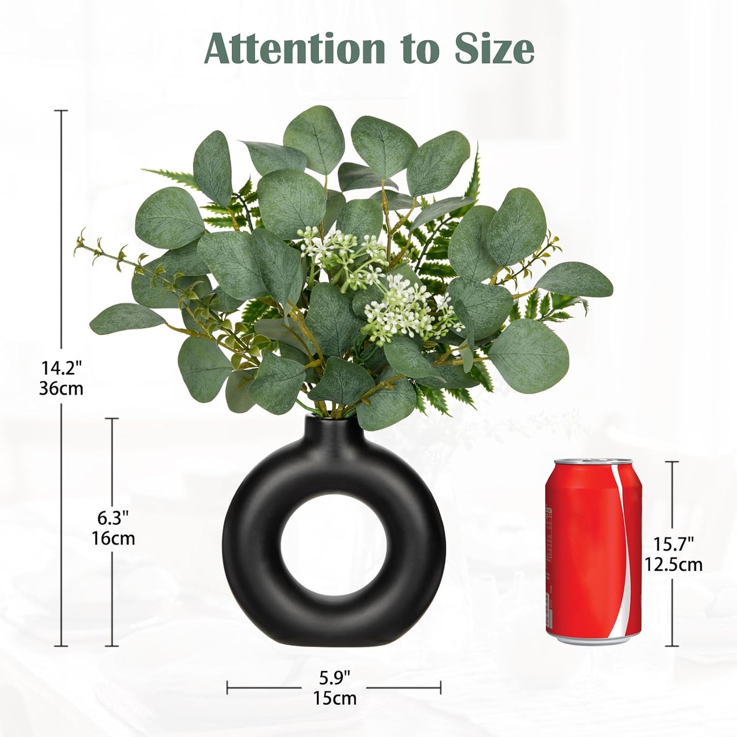 Artificial Eucalyptus Stems in Ceramic Vase 14.23" Fake Eucalyptus Plant Decor Donut Vase / Black