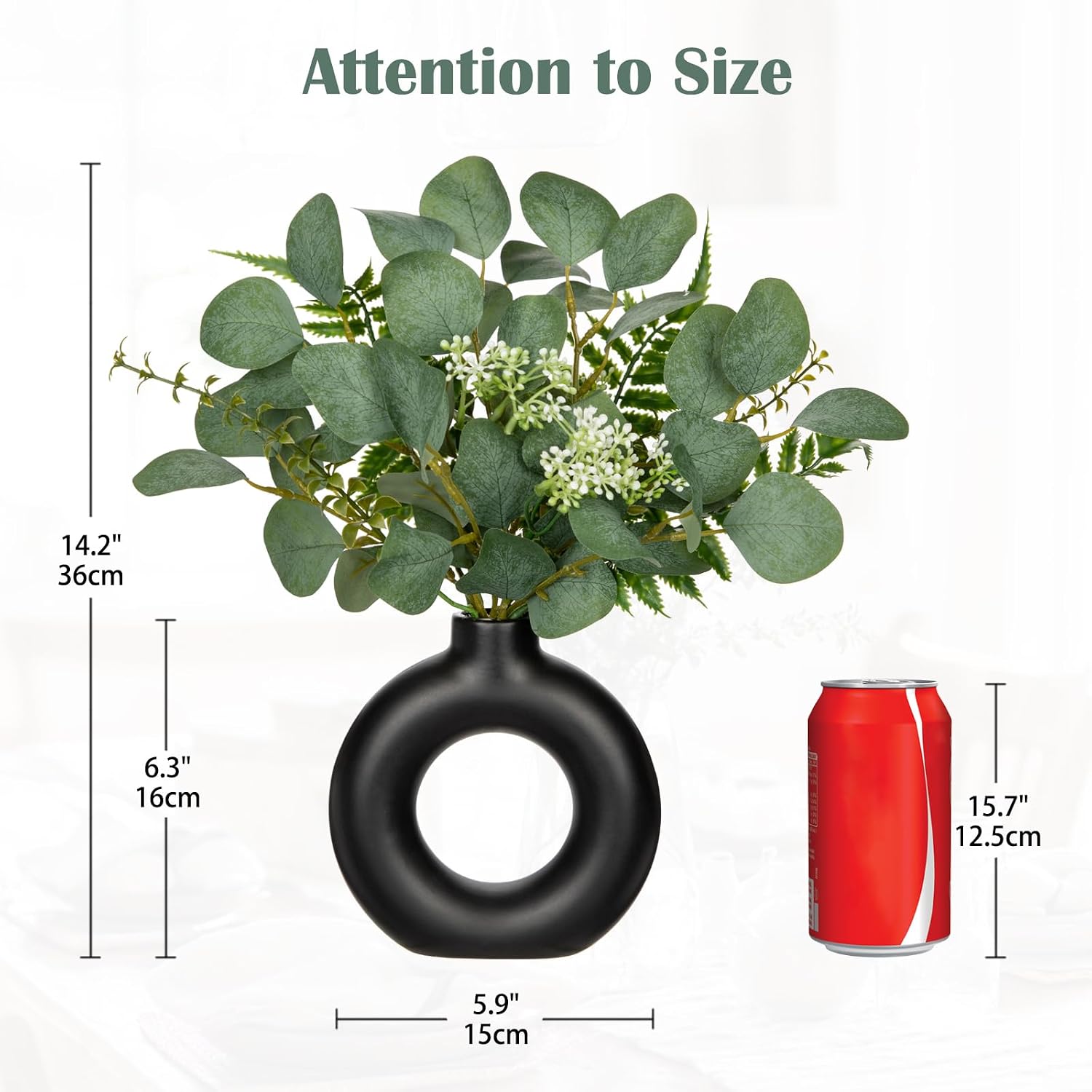 Artificial Eucalyptus Stems in Ceramic Vase 14.23" Fake Eucalyptus Plant Decor Donut Vase / Black