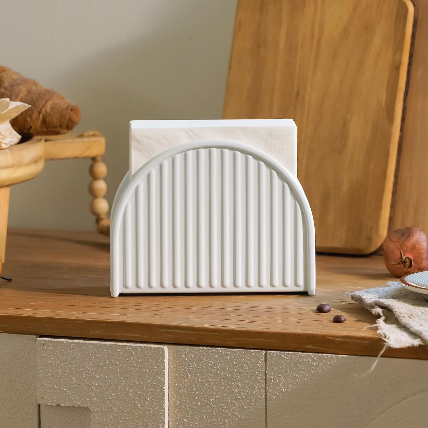 White Napkin Holder / Vertical Stripe White